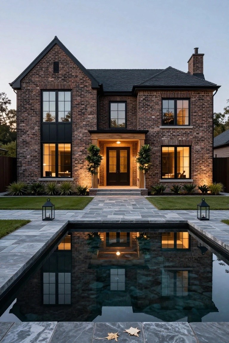 Two-story brick house exterior with black-framed windows, dark shingled roof, wooden entry portico with double doors, flanked by potted plants and landscape beds, stone pathway, lanterns, and foreground reflecting pool at dusk.
