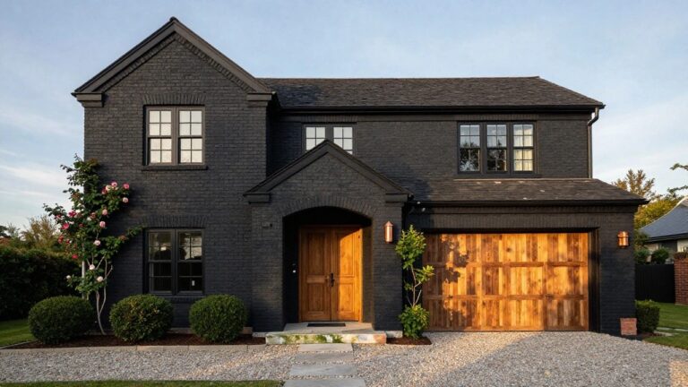 Black brick house exterior with a wooden double door entry under an arch, flanked by climbing pink roses, boxwood shrubs, and a gravel driveway.