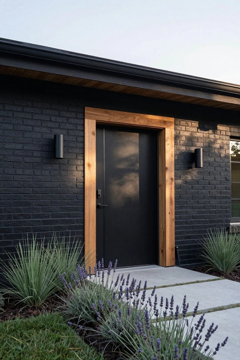 Black brick house exterior featuring a black front door with natural wood frame, flanked by cylindrical black wall lights, lavender plants, ornamental grasses, and a concrete pathway.