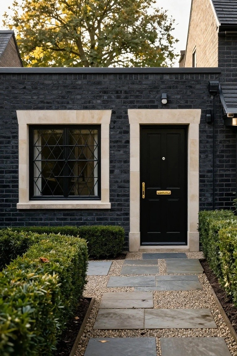 Black brick house exterior with pale stone surround framing a black front door with gold knocker and an adjacent leaded window, flanked by boxwood hedges and a flagstone path.