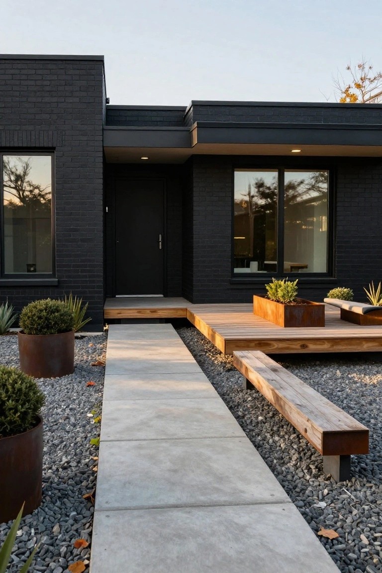 Black brick modern house exterior featuring a raised wooden deck platform at the entry door, concrete walkway, gravel ground cover, metal planters with shrubs, and wooden bench.