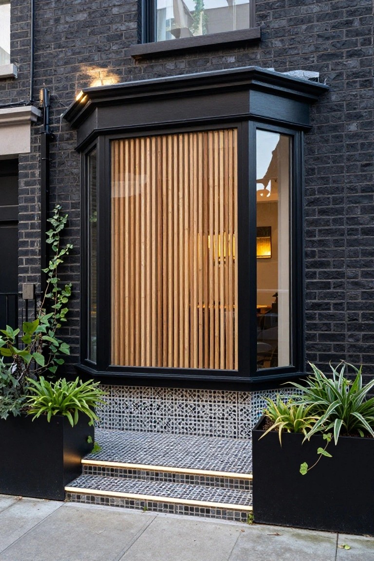 Black brick house facade with a three-sided bay window covered in vertical wooden slats, black front door, mosaic tiled steps leading to the entry, and large black planters with greenery on either side.