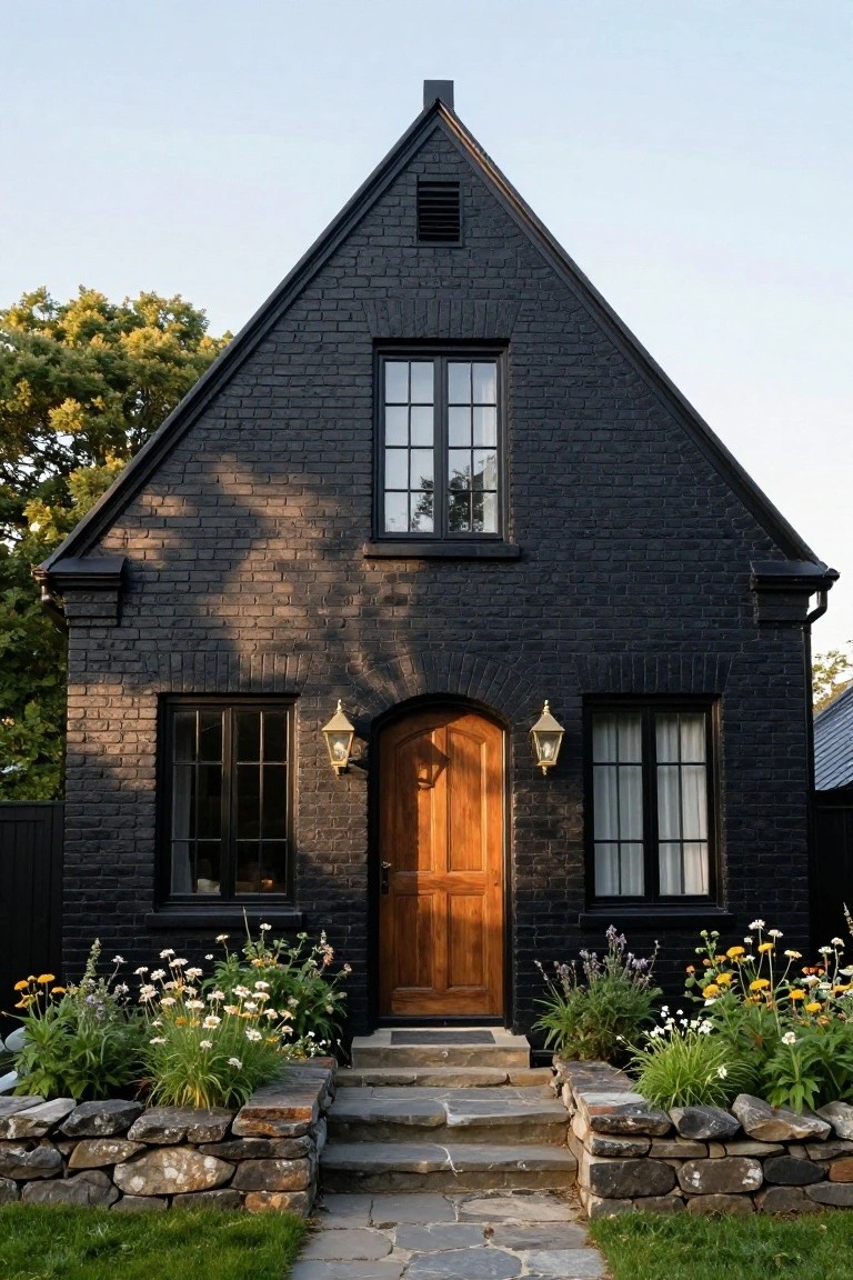 Black brick house with steep gabled roof, black-framed windows, arched wooden front door flanked by brass lanterns, stone steps, flower beds, and a stone pathway.