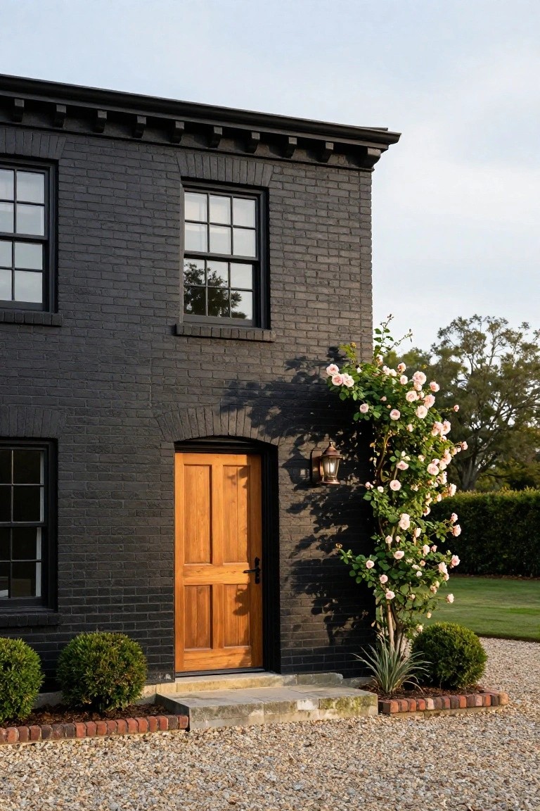 Black brick house exterior with a wooden double door entry under an arch, flanked by climbing pink roses, boxwood shrubs, and a gravel driveway.