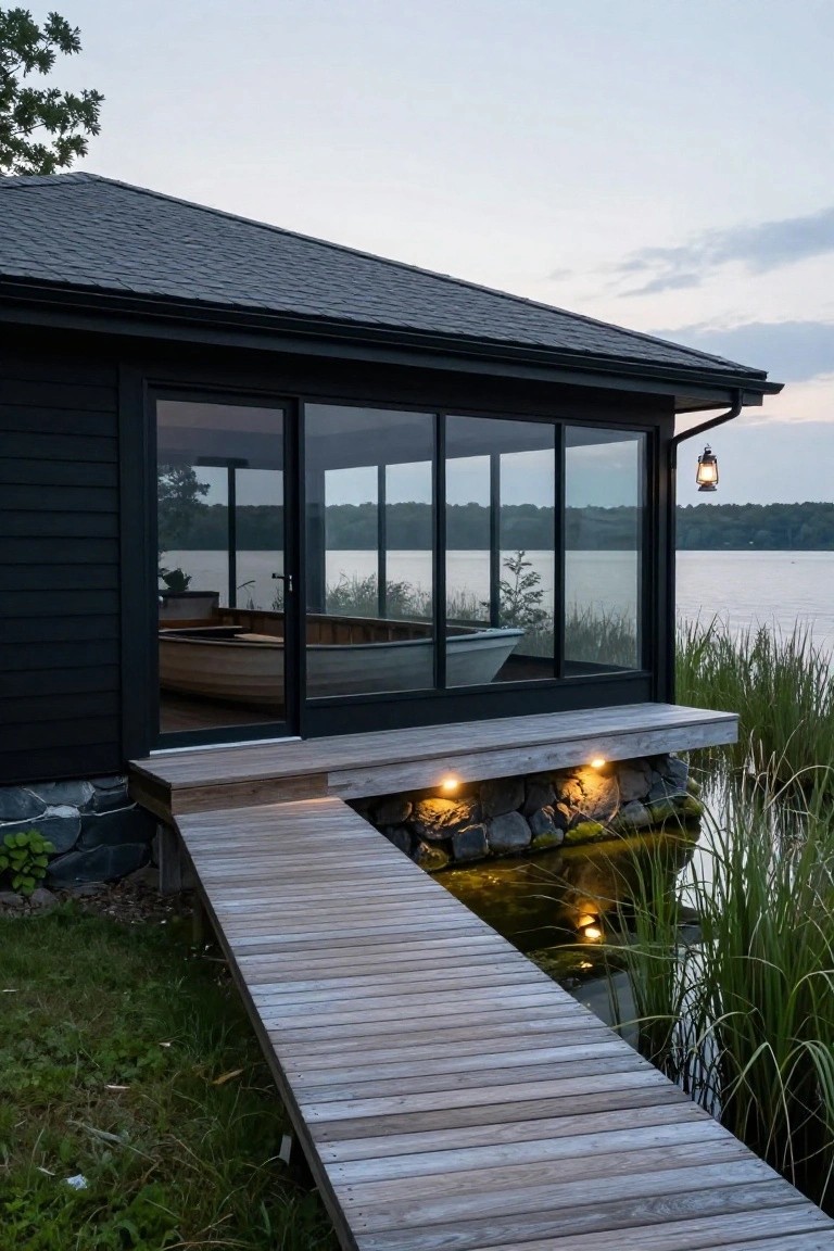 Black shingled boathouse with large sliding glass doors facing a lake, wooden boat inside, connected by a wooden dock with lighting over shallow water and reeds at dusk.