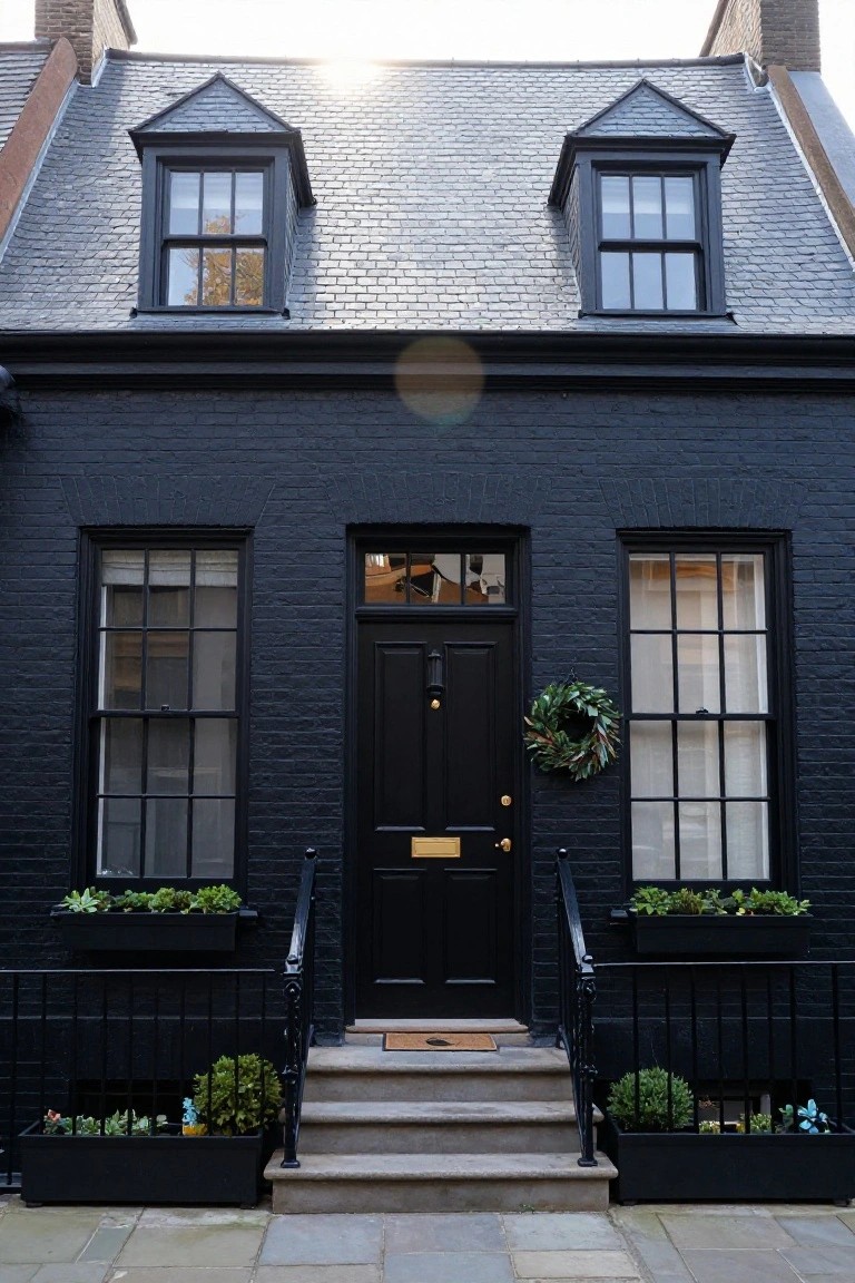 A narrow two-story black brick house with grey slate roof, black-framed sash windows, central black front door with wreath, flanked by steps with black railings and black planters containing greenery.
