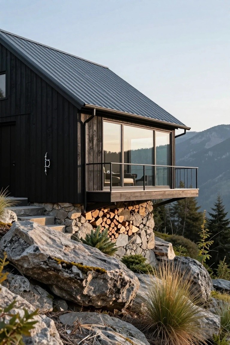 Black wooden house with grey metal roof perched on a stone and boulder foundation amid large rocks, grasses, and mountains, with a cantilevered balcony and firewood stack.