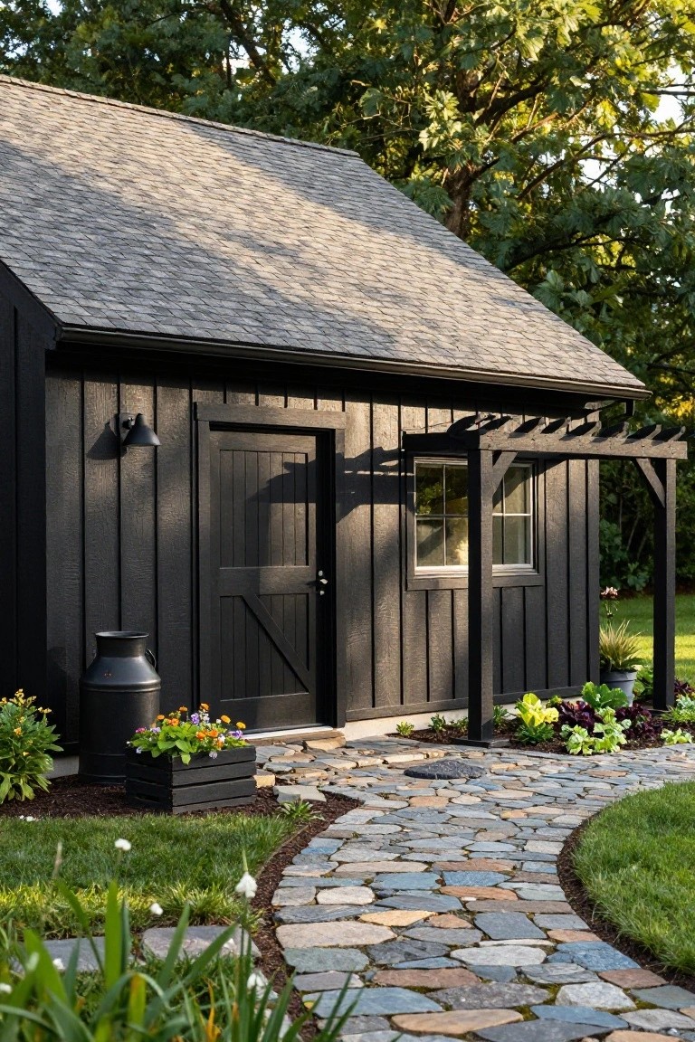 Black board-and-batten garden shed with grey shingle roof, dark wood door, single window, wall sconces, pergola overhang, metal milk can planter, flowers in wooden box, and curving flagstone path amid green landscaping.