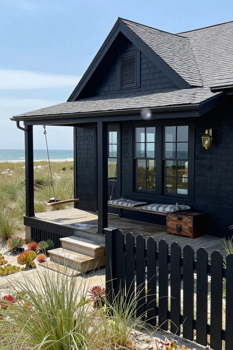 Black shingled house with grey gabled roof and covered porch facing beach dunes and ocean, featuring porch swing, cushioned bench, wooden chest, steps, picket fence, and surrounding grasses and succulents on sand.