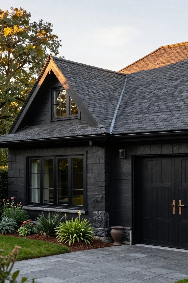 Black shingle-style siding on a gabled house garage with dark grey slate roof, black-framed windows and wooden garage door, stone foundation accents, potted plants, and gravel mulch bed beside a paved stone pathway.
