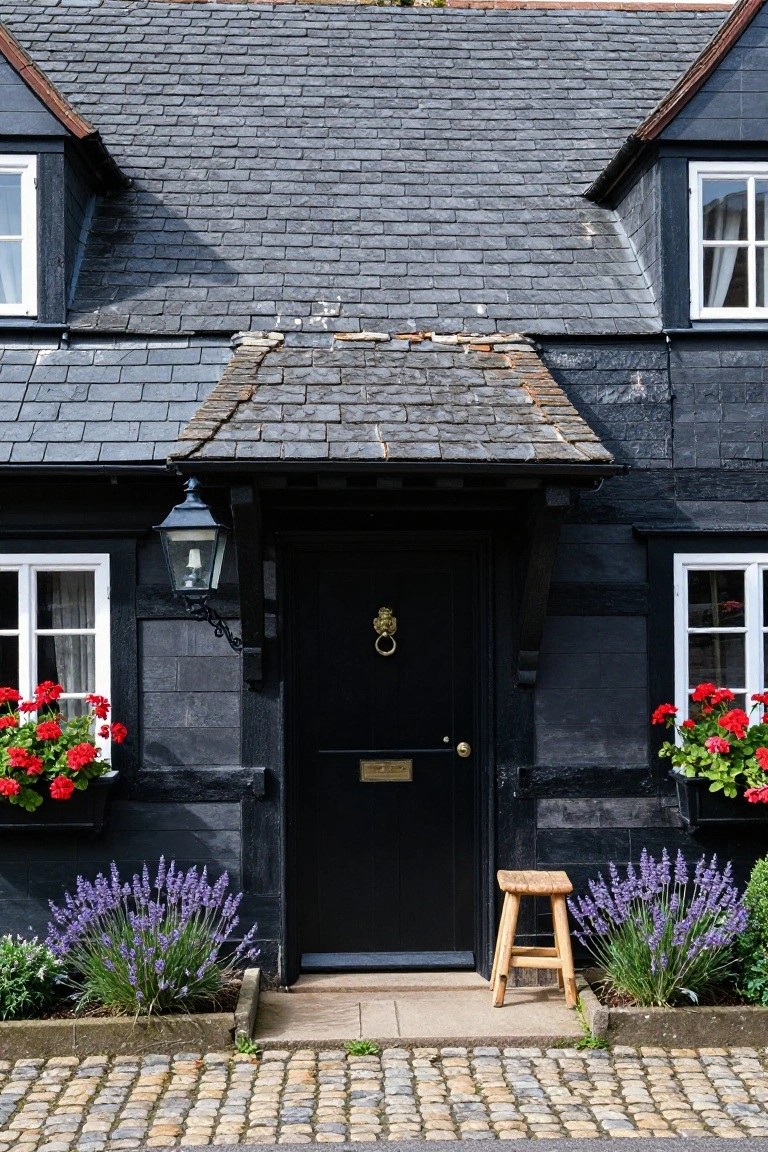 Black half-timbered cottage house exterior with dark grey slate roof, black front door featuring gold lion knocker and letterbox, hanging black lantern, white-framed windows, red geraniums in window boxes, lavender plants in beds, wooden stool, on a cobblestone path.