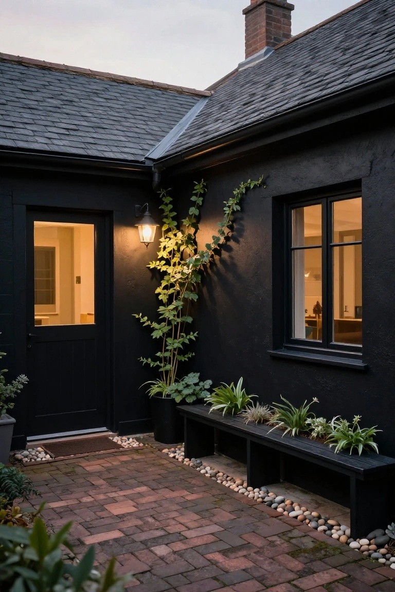 Corner view of a black-painted house exterior with grey slate roof, black door with glass panel lit by a wall-mounted lantern, climbing ivy on the wall, adjacent black-framed window, built-in black bench with plants, potted plants, brick pavers, and pebble ground cover.