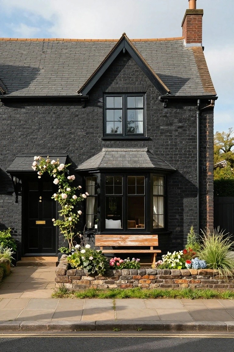 Black brick house with grey slate roof, bay window, black front door under a small porch covered in climbing pink roses, wooden bench inside bay window, colorful flower bed with bench along low stone wall, and paved path to street.
