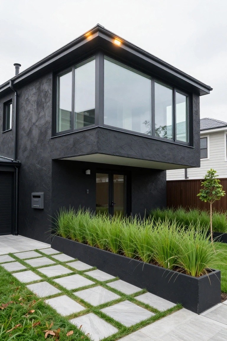 Corner view of a two-story modern house with black textured stucco walls, a protruding upper-level glass corner window, recessed front entry door, black garage door, tall ornamental grasses in black planters, and a grey paver pathway leading to the entrance.