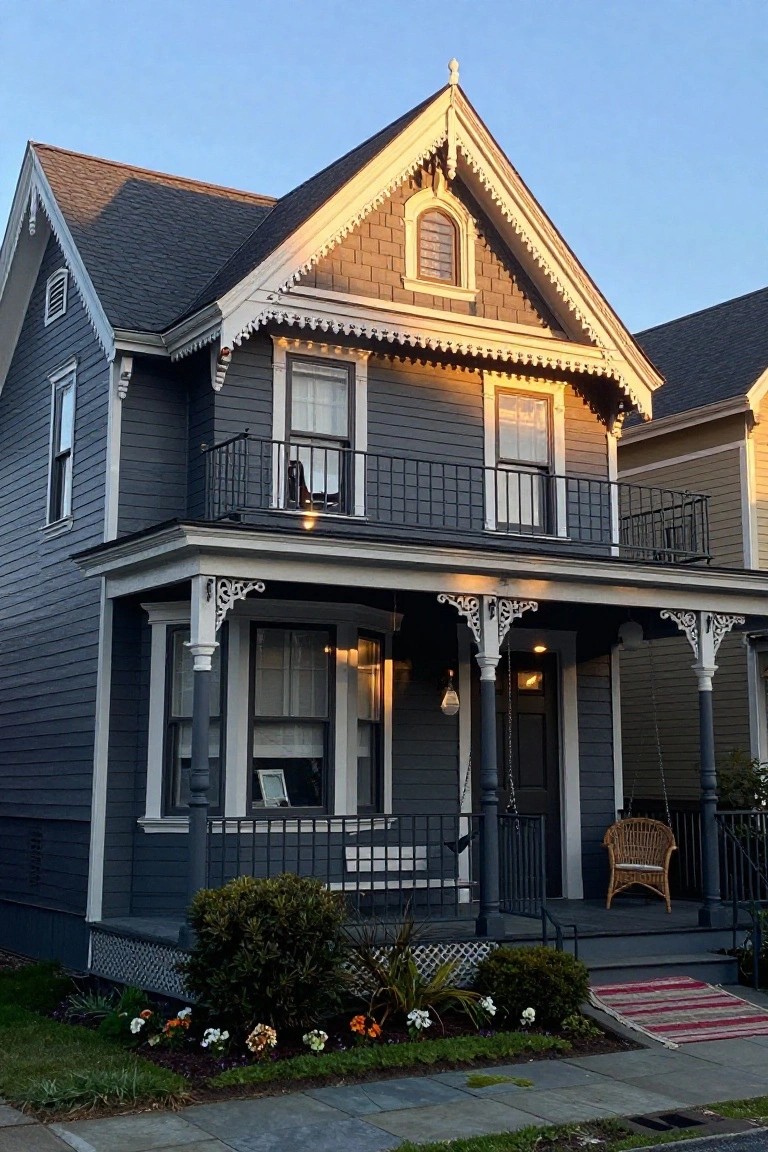 Two-story dark gray Victorian house with white trim, shingled gray roof, second-floor balcony, front porch with swing, wicker chair, and landscaped flower beds along the sidewalk.