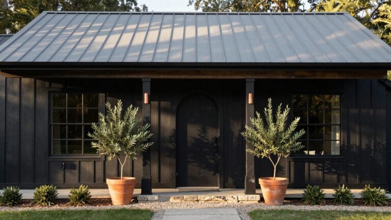 Black shiplap siding on a small house exterior with grey metal roof, arched black front door with glass panel, two matching potted olive trees in terracotta pots flanking the entry, copper sconces, wood beam overhang, stone steps, gravel path, and low shrubs.