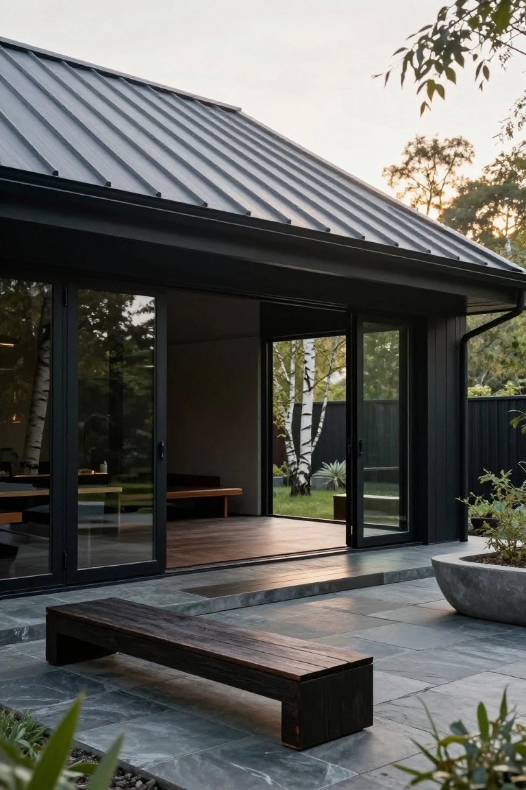 Black house exterior with grey corrugated metal roof, large open black-framed glass doors revealing wooden interior floor and furniture, wooden bench on slate patio with plants and birch trees nearby.