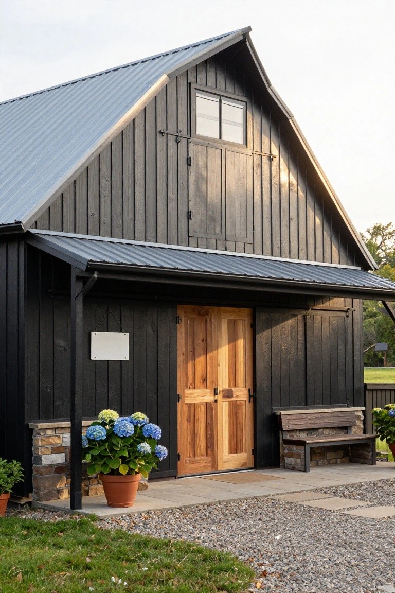 Black board-and-batten sided barn-style building with grey metal gable roof, covered porch, closed wooden double entry doors, potted blue hydrangeas, stone-accented bench, and gravel path on green lawn.