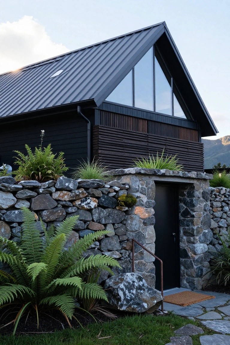 Modern black house with grey metal roof and wooden screens, featuring a dry-stacked stone wall entryway with black door, surrounded by ferns and grasses against a mountainous backdrop.