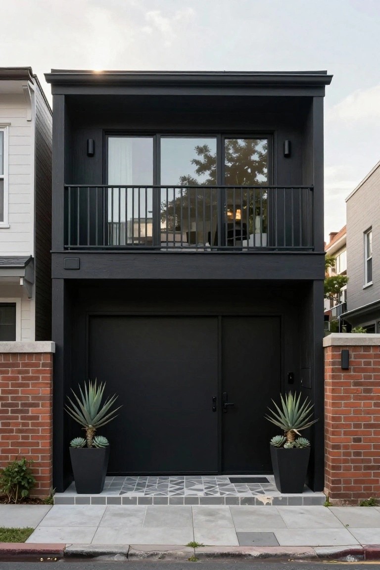 Two-story black house exterior with large black garage doors and entry flanked by red brick walls and symmetrical large agave plants in black pots, black metal balcony railing above, and geometric tiled pathway.