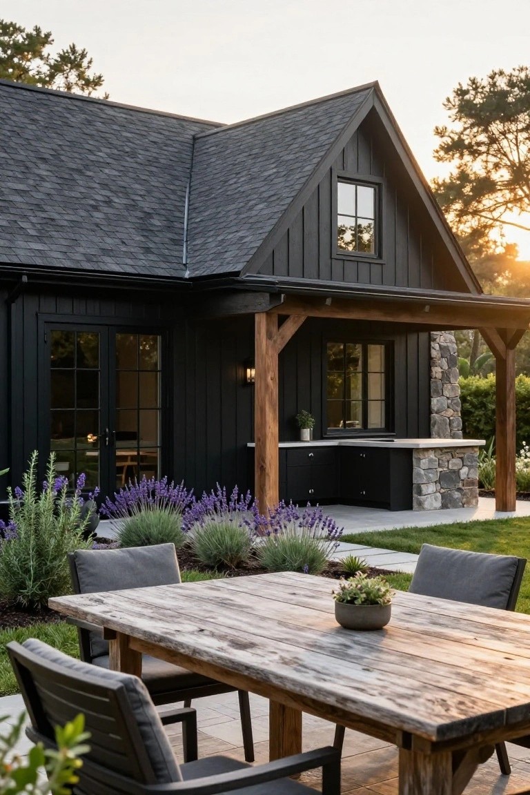 Black board-and-batten house exterior with dark shingled gable roof, covered porch featuring exposed timber beams, stone pillar with black outdoor kitchen counter and sink, wooden dining table with grey chairs, lavender plants, and grass lawn.