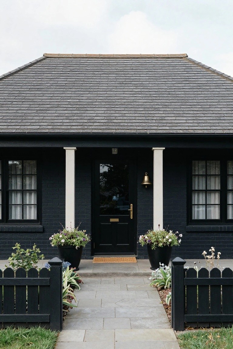 Front view of a single-story black brick house with grey slate roof, white columns flanking a black front door, black lantern light, flower-filled black pots on either side, black picket fence, and stone pathway leading to the entry.