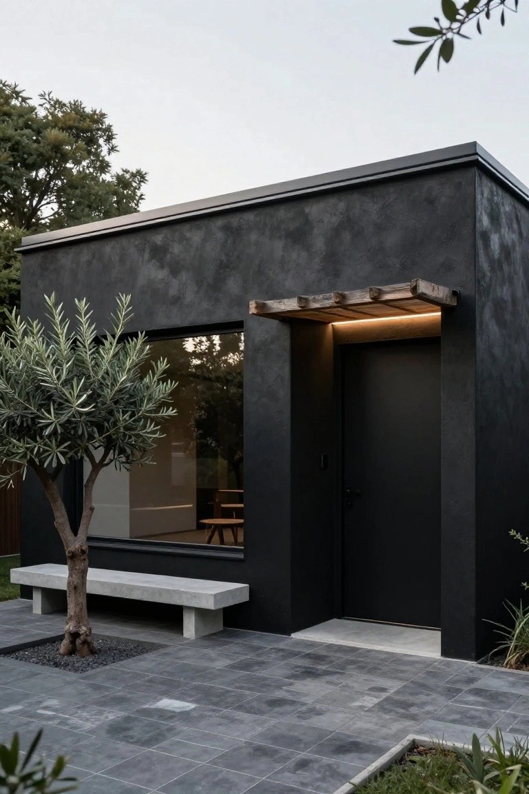 Small modern black stucco building with flat dark roof, large corner window, black door under wooden beam awning with LED lighting strip, olive tree, concrete bench, and dark pebble patio.