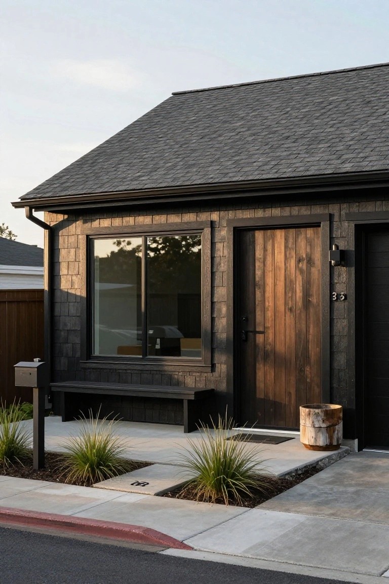 Front exterior of a small black shingle house with grey roof, featuring a wooden front door next to a large window, black garage door, bench, potted stump planter, and low grasses along the concrete driveway.