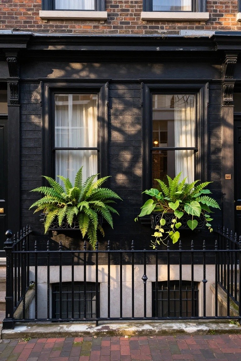 Black-painted brick townhouse facade with paired double-hung windows featuring white curtains, lush green ferns overflowing from black iron window boxes on the sills, black wrought-iron railing at basement level with small barred window below, and brick pathway in front.