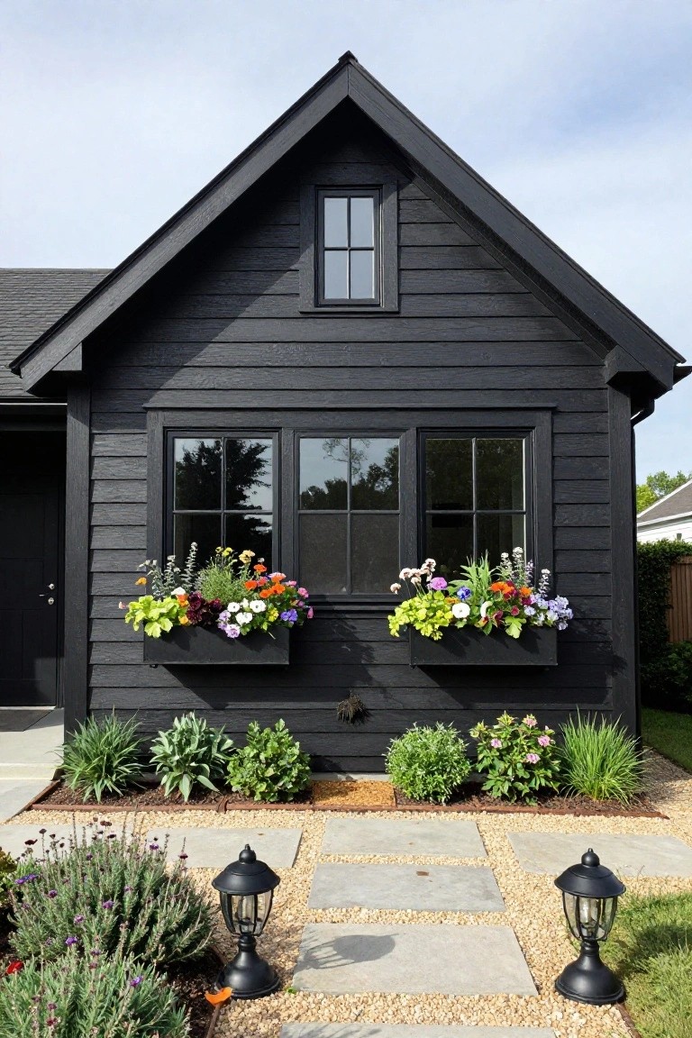 Small black shingled house exterior featuring two large black window boxes filled with multicolored flowers, a black front door, stone paver path, garden lanterns, and low border plants.