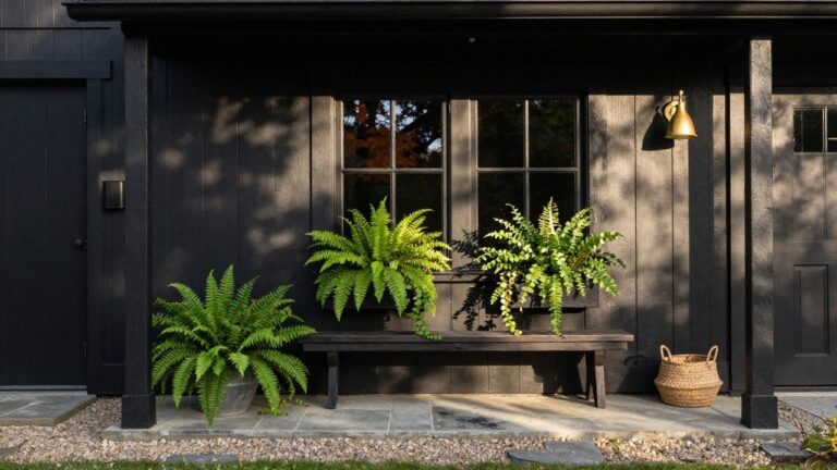 Black wood-shingled house exterior with wooden window box of ferns below a black-framed window, flanked by brass wall sconces, two galvanized bucket planters with ferns, wooden bench, wicker basket, and gravel path.
