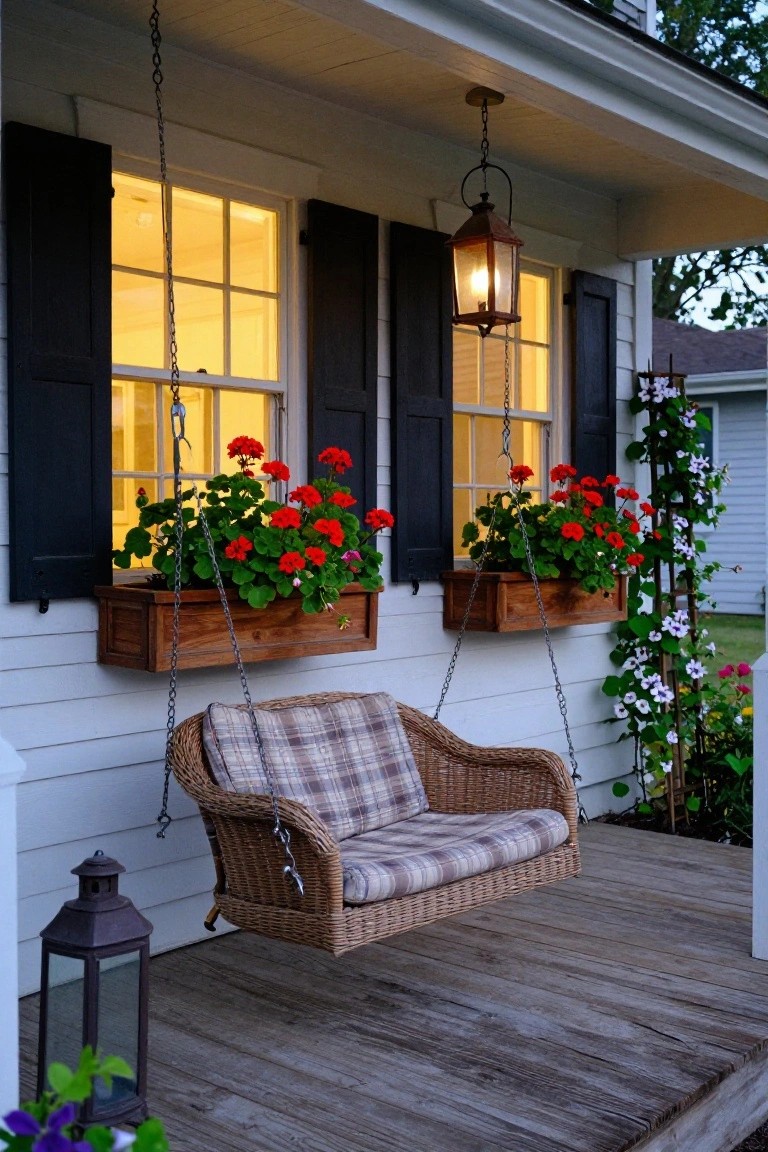 White clapboard house exterior on a porch with open black shutters on illuminated multi-pane windows, wooden chain-suspended window boxes filled with red geraniums, plaid-cushioned wicker porch swing, copper lanterns, and climbing white flowers nearby.