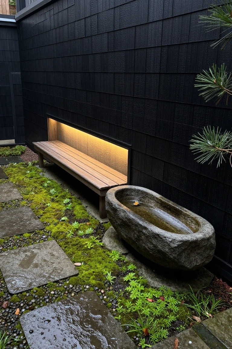 Dark shingled wall featuring a built-in wooden bench with backlighting in a niche, adjacent stone water basin, mossy stepping stones, small plants, and pine branches in a courtyard setting.
