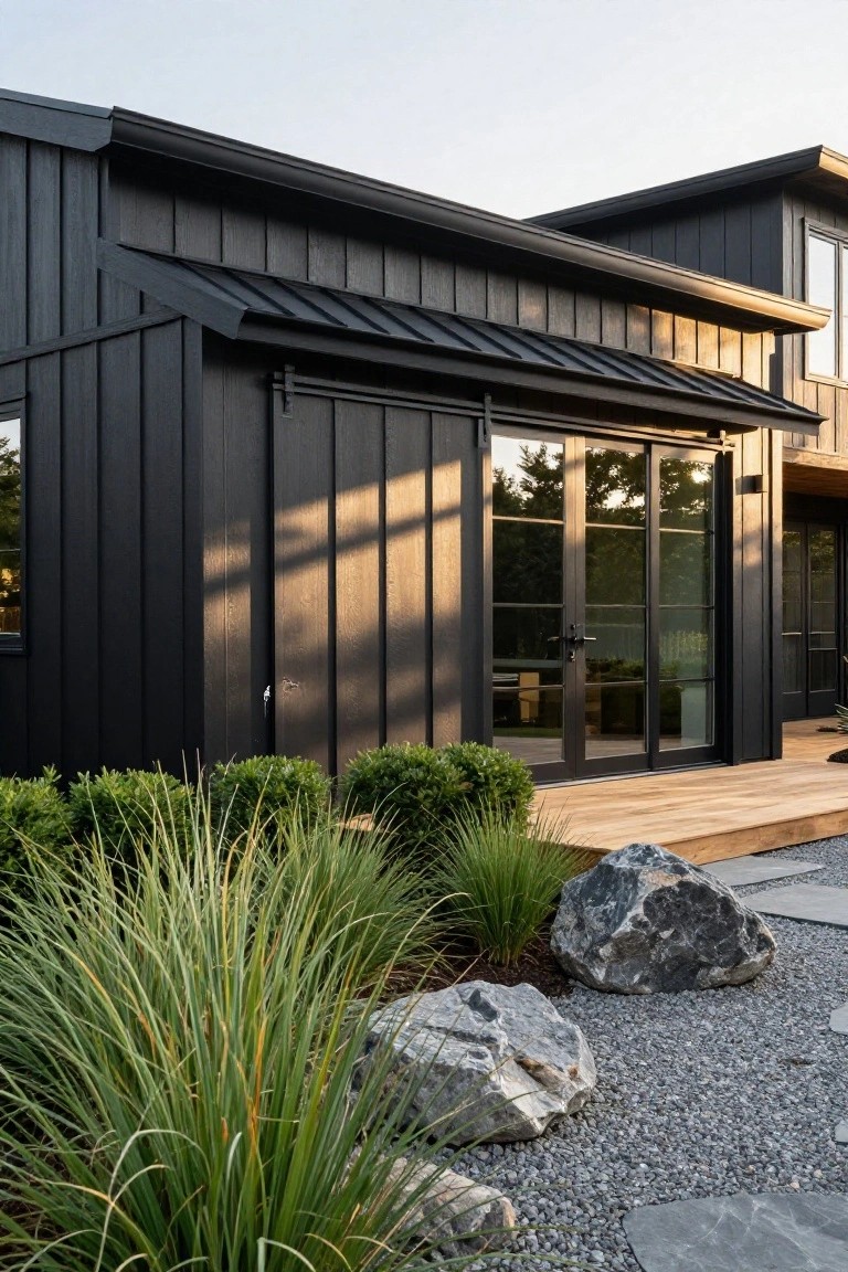 Side exterior of a black board-and-batten clad house with standing-seam metal roof, large sliding glass doors, wooden deck, and gravel landscaping with ornamental grasses and large rocks.