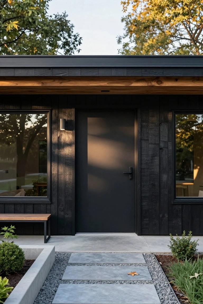 Black charred wood clad small building exterior with centered black door, large glass windows, wall-mounted light, wooden bench, concrete pathway edged in gravel and low plants, trees in background.
