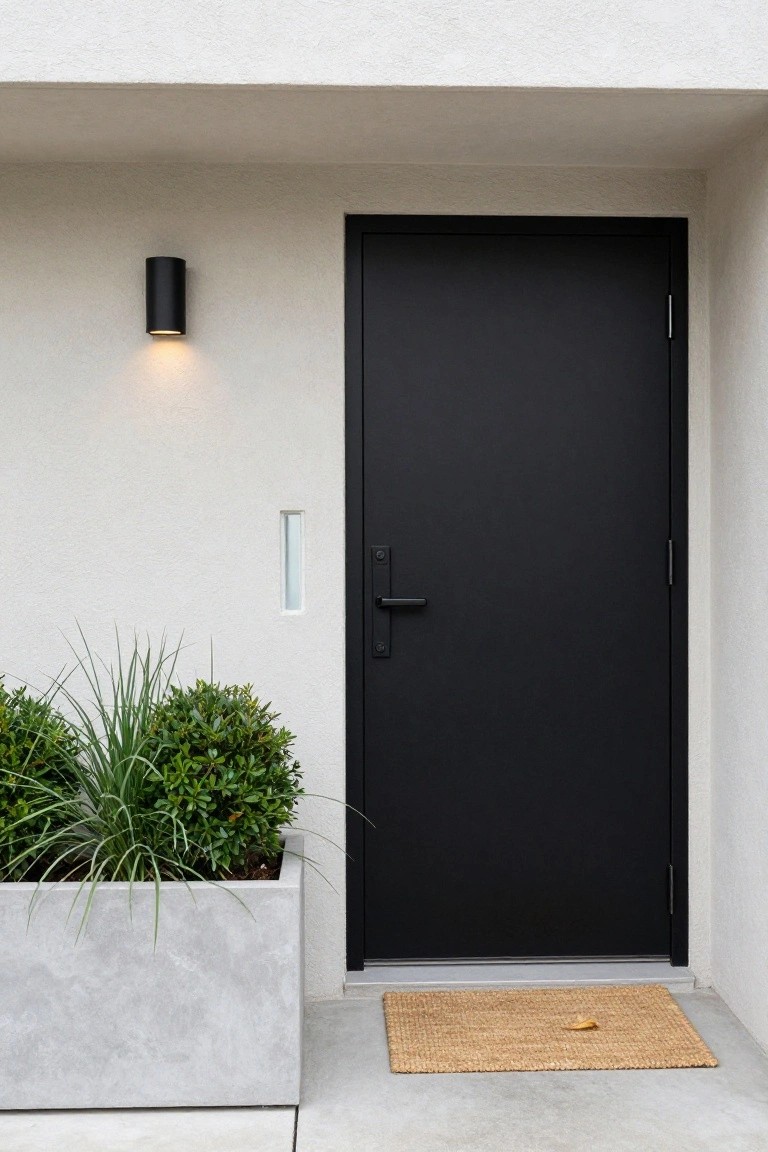 Modern house entrance with matte black door on white stucco wall, black cylindrical wall light, vertical slit window beside door, potted grasses and shrubs in gray concrete planter, and woven doormat on concrete landing.