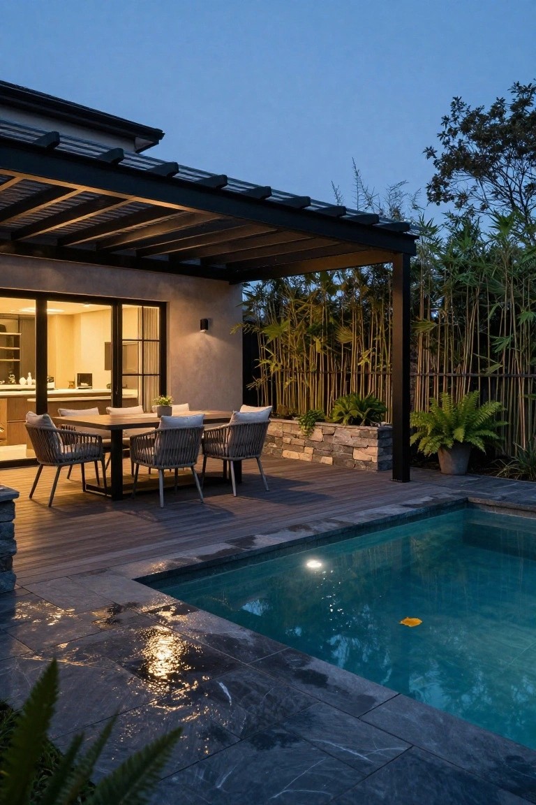 Outdoor deck at dusk with black steel pergola sheltering a rectangular wood dining table and four rattan chairs, next to a lit infinity-edge pool, glass doors to kitchen, bamboo screening, and potted plants on stone decking.
