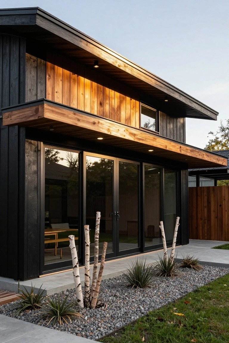 Side view of a modern two-story house with black wood cladding on walls, warm wood on overhanging eaves and accents, large black-framed sliding glass doors, and a gravel garden bed planted with birch poles and agave near a wood fence.