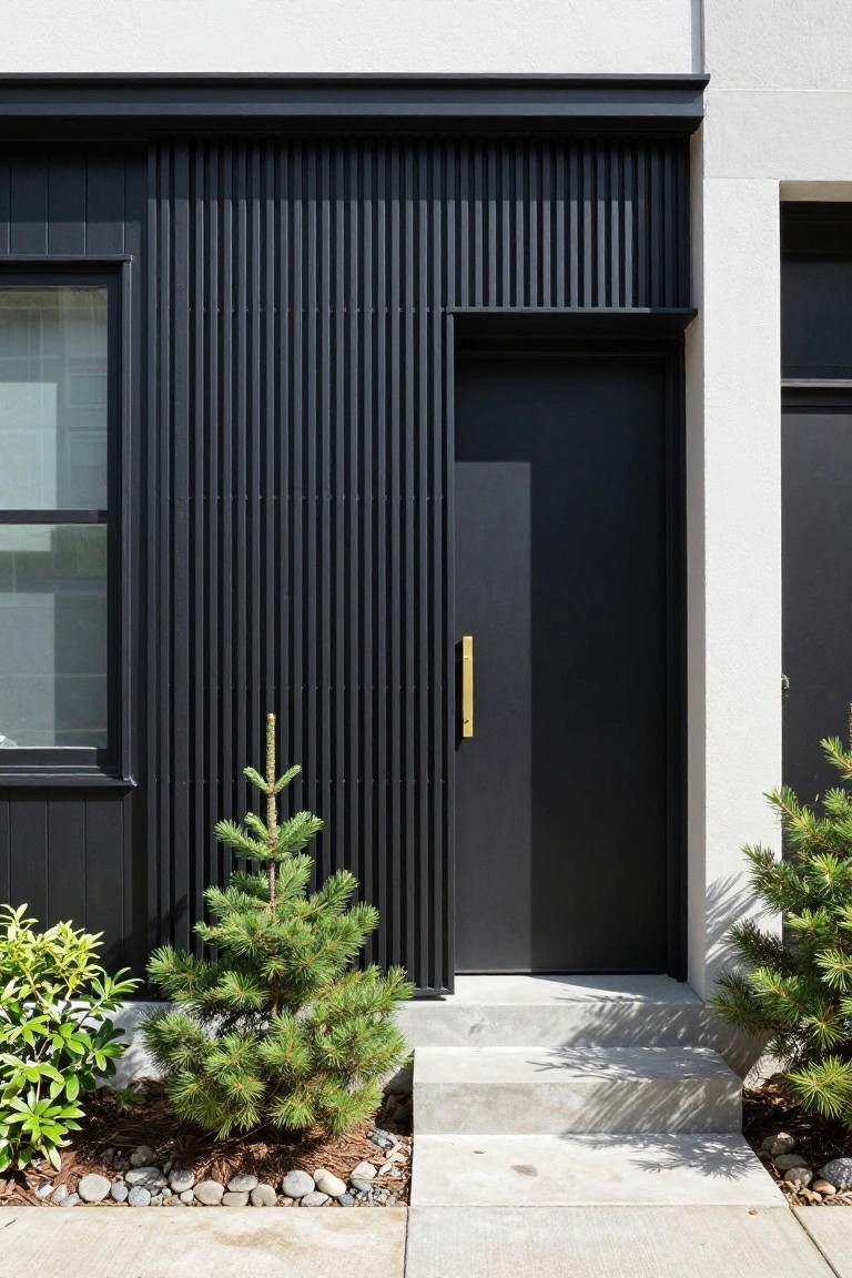 House exterior showing black vertical slatted cladding beside a black front door with gold handle, concrete entry steps, small pine trees in gravel beds, and adjacent white stucco wall.