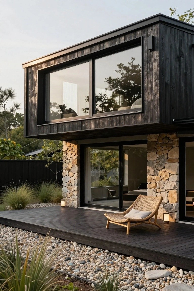 Black Wood Cladding Over Stone Base