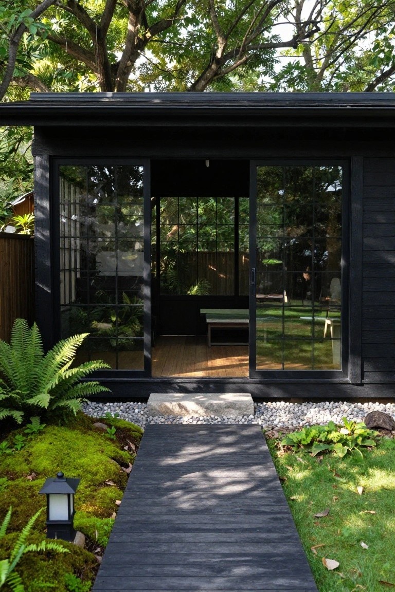 Small black wooden pavilion with large sliding glass doors and grid framing, approached by dark wooden path through garden with ferns, moss, pebbles, and a stone lantern.
