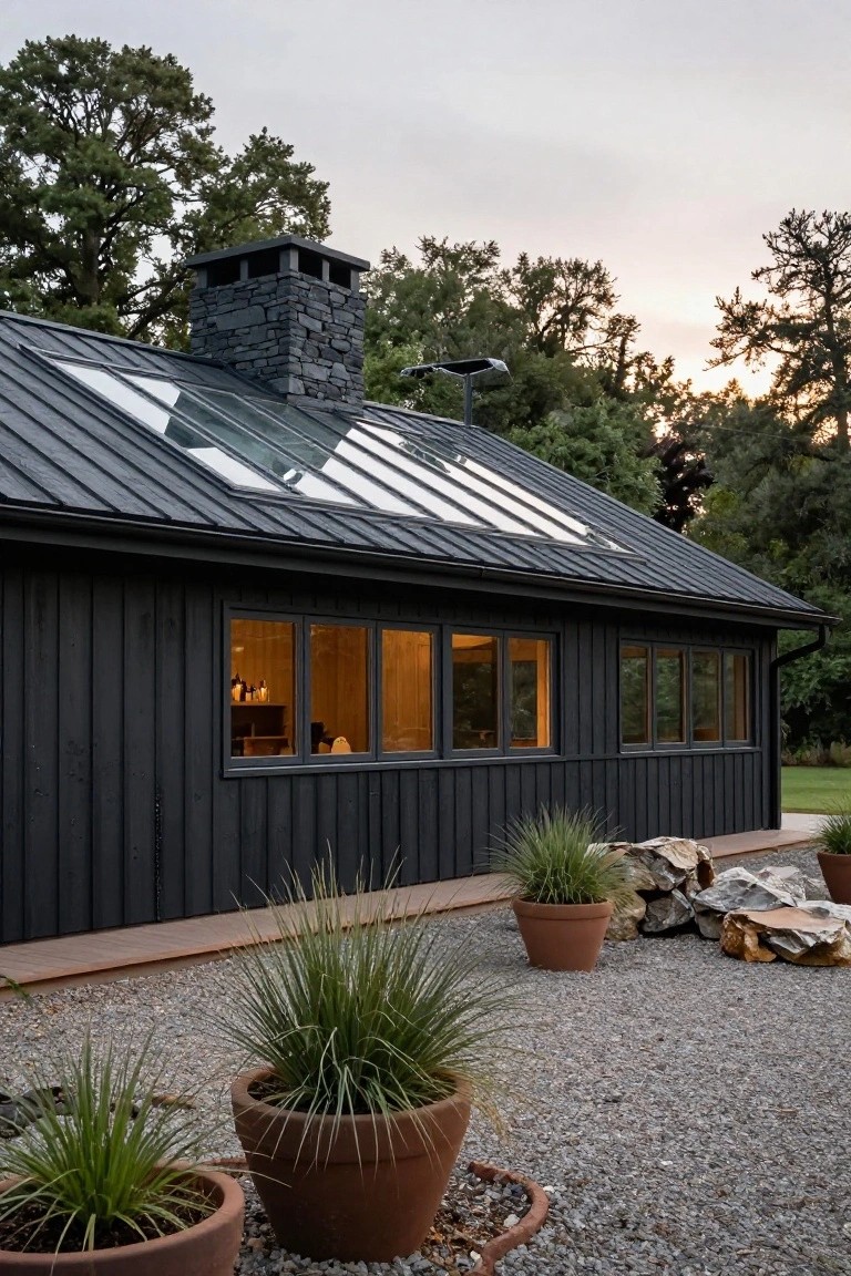 Side view of a black vertical wood-clad house with standing seam metal roof and skylights, stone chimney, large triple-pane windows, gravel yard with terracotta pots of grasses and stacked rocks, trees in background at dusk.