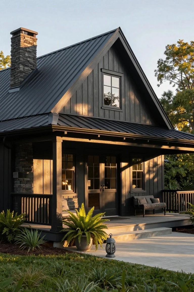 A small gabled house with dark board-and-batten wood siding, black standing-seam metal roof, stone chimney, covered front porch with benches and potted plants, surrounded by ferns, agaves, and mulch beds on a concrete entry pad.