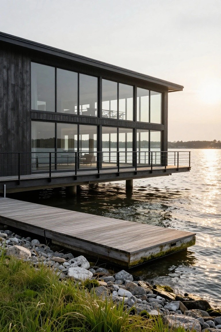 Modern black wood-clad house elevated on pilings over a lake, with extensive glass walls overlooking the water, a protruding wooden dock, and rocky shoreline with grass at dusk.