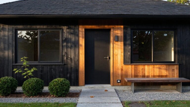 Black charred wood clad small building exterior with centered black door, large glass windows, wall-mounted light, wooden bench, concrete pathway edged in gravel and low plants, trees in background.