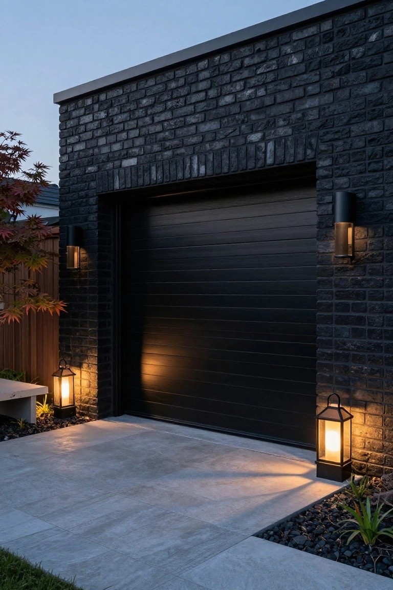 Black brick house exterior with a large black garage door centered in frame, flanked by black wall sconces and lanterns on black bases along a concrete pathway at twilight, with low plants, rocks, and a red maple tree nearby.