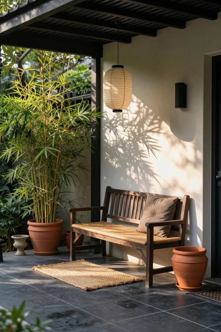 Wooden bench with beige cushions on a black-tiled porch under a dark slatted roof, next to tall bamboo plants in large terracotta pots, a hanging paper lantern, woven rug, and a black door on a white wall.
