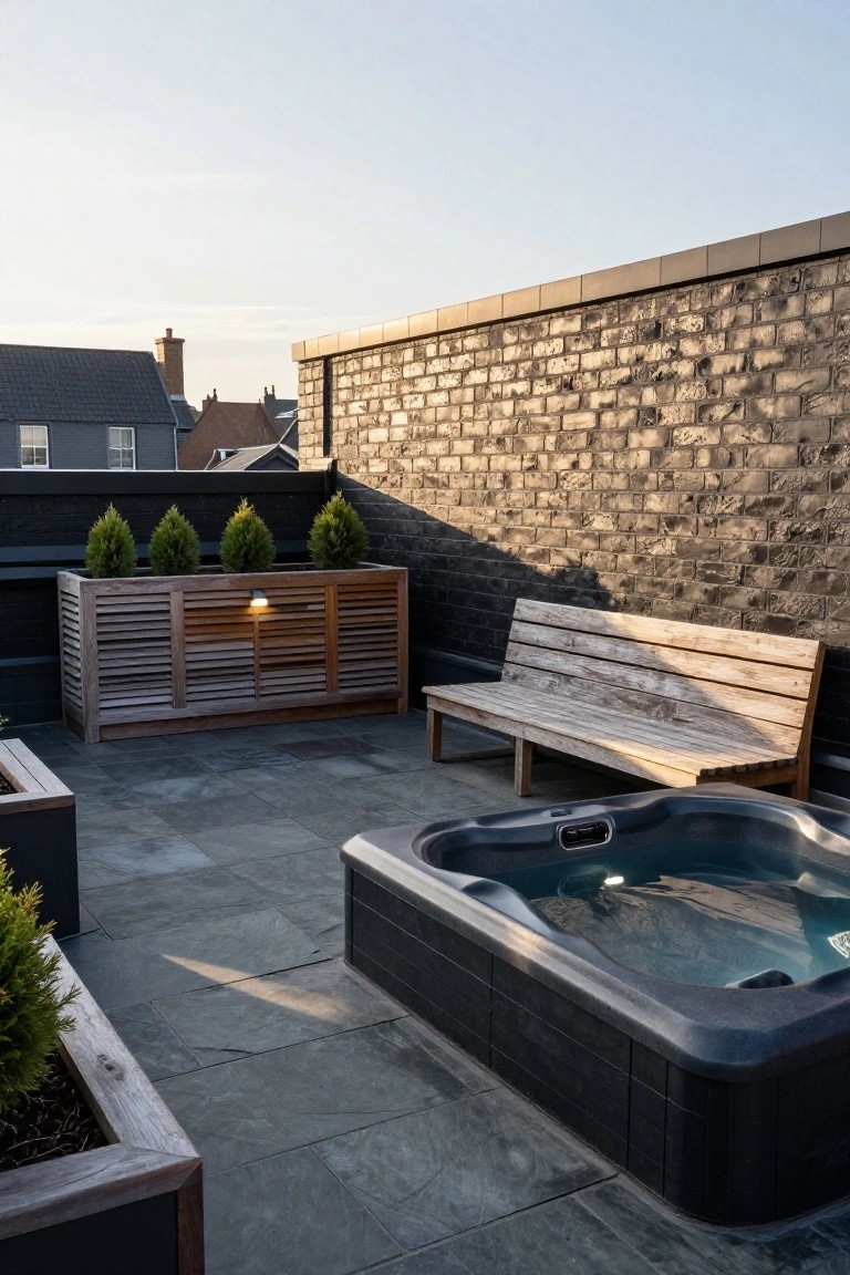 Rooftop terrace with black hot tub, wooden bench, wooden planter box containing four conifer trees, smaller planters, slate tile flooring, and black brick wall under evening sky.