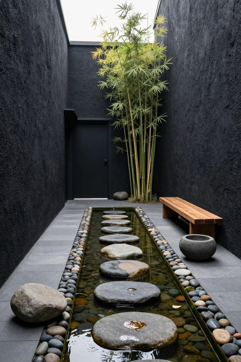Narrow courtyard pathway with large flat stepping stones spanning a shallow water channel edged in pebbles, dark textured walls, tall bamboo plant, black door, wooden bench, and stone pots.