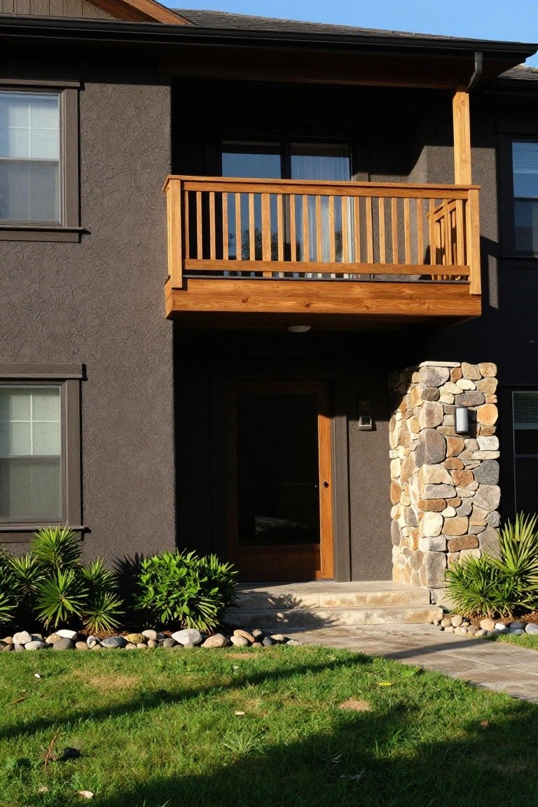 Front view of a two-story house with dark gray stucco siding, wooden balcony overhead, wooden front door flanked by a tall stacked stone pillar on the right, palm plants and river rocks bordering the entry steps on a grassy lawn.